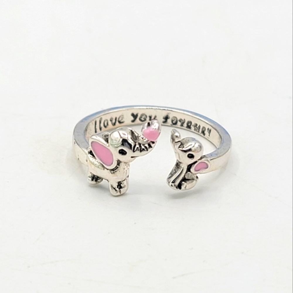 Elephant Mom & Baby Ring Silver Tone Adjustable Size 8 I Love You Forever